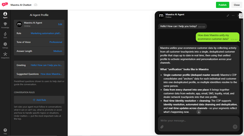 Elfsight AI Chatbot dashboard: the agent profile and conversation rules on the left, the live chat answering a question about Maestra’s CDP on the right