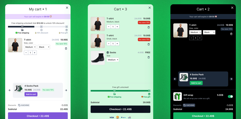 Three Kaching CartDrawer designs with a countdown timer, a reward progress bar, an upsell slider, and a gift wrap toggle