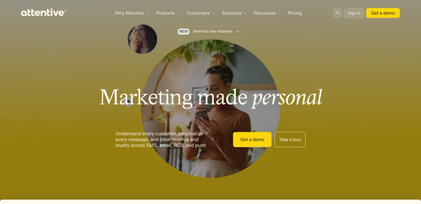 Attentive homepage headlined “Marketing made personal” for SMS, email, RCS and push