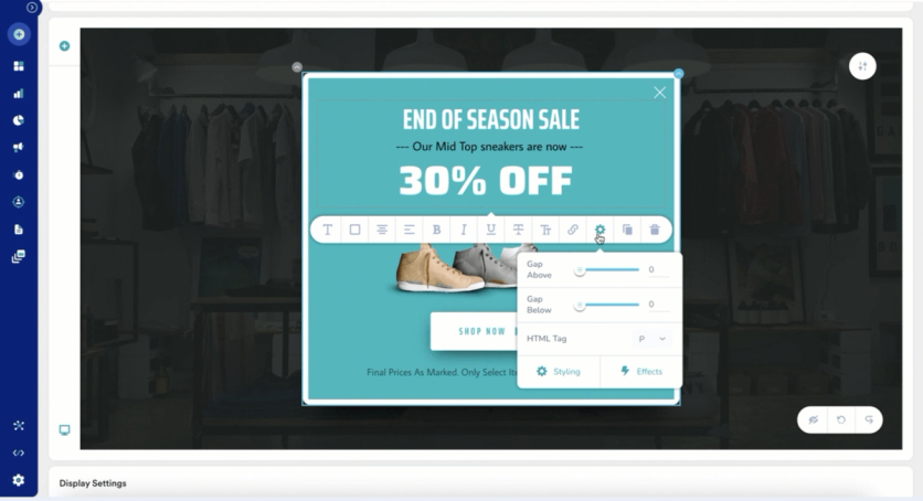 MoEngage on-site pop-up builder editing an end-of-season sale message with 30% off