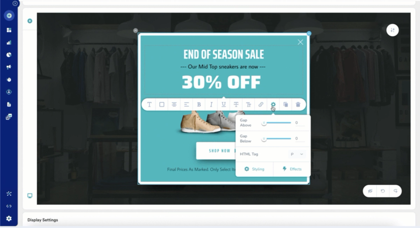 MoEngage on-site pop-up builder editing an end-of-season sale message with 30% off