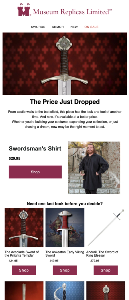 Price Drop Alert email from Atlanta Cutlery