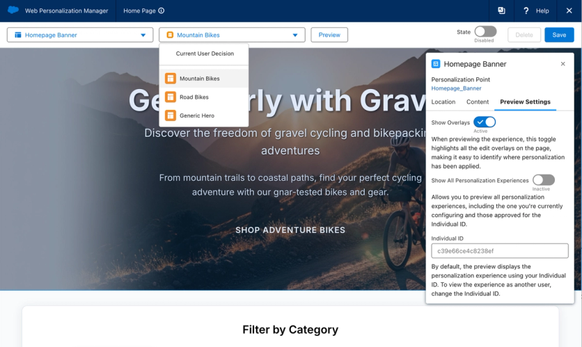 Salesforce Web Personalization Manager editing a homepage banner, with a menu of banner versions for different audiences (Mountain Bikes, Road Bikes, Generic Hero) and a preview settings panel
