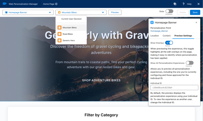 Salesforce Web Personalization Manager editing a homepage banner, with a menu of banner versions for different audiences (Mountain Bikes, Road Bikes, Generic Hero) and a preview settings panel