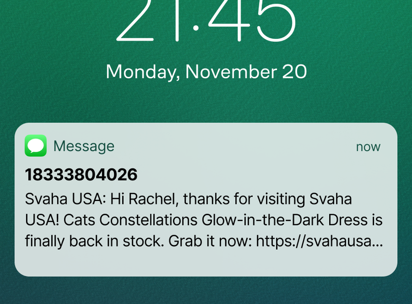 Svaha Back in Stock SMS notification