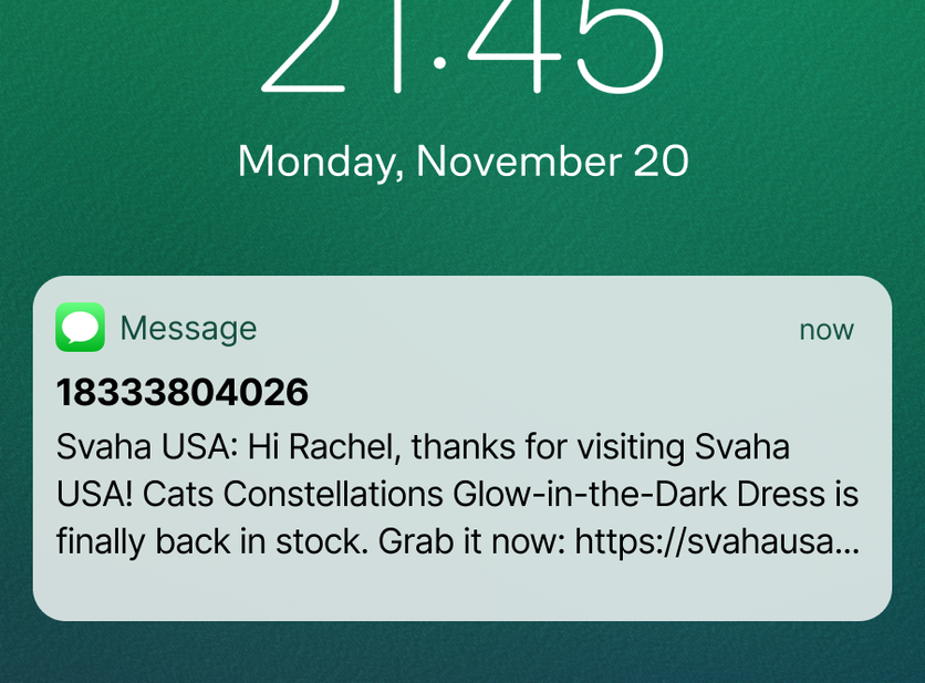 Svaha Back in Stock SMS notification