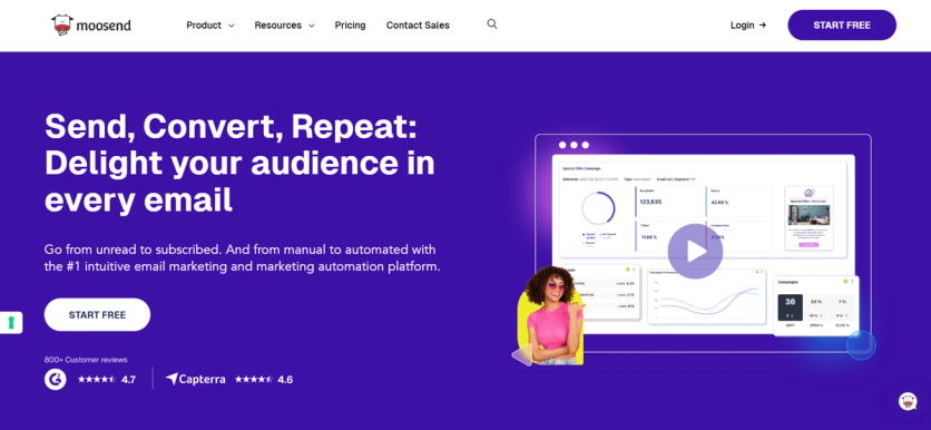Moosend email marketing and automation platform homepage