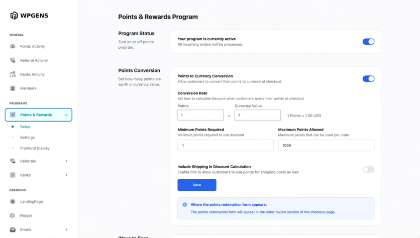 WPGens points program setup with points-to-currency conversion and minimum and maximum redemption caps