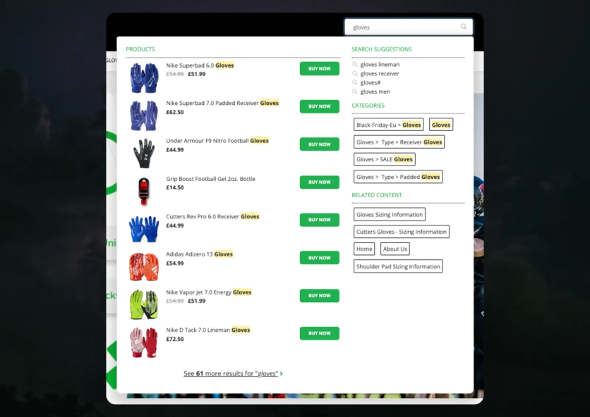 Clerk.io instant search showing product results, suggestions, categories, and related content for a “gloves” query