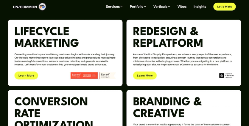 Un/Common homepage section with Lifecycle Marketing and Redesign and Replatform service cards and Klaviyo and Shopify partner badges