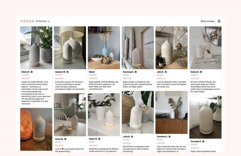 Loox reviews widget on a product page with a grid of customer photo reviews, star ratings, and verified-buyer badges