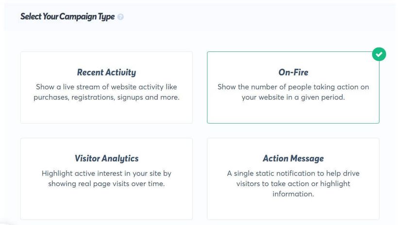 TrustPulse campaign type picker with Recent Activity, On-Fire, Visitor Analytics, and Action Message options