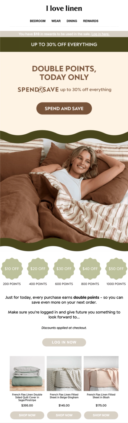I Love Linen email to loyalty members announcing double points for one day, with the rewards ladder and product recommendations