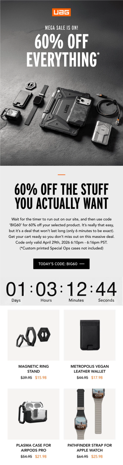 UAG Mega Sale email with a live countdown timer and 60% off