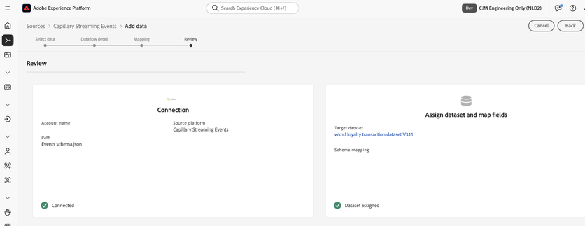 Adobe Experience Platform review step connecting the Capillary Streaming Events source