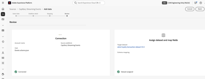 Adobe Experience Platform review step connecting the Capillary Streaming Events source