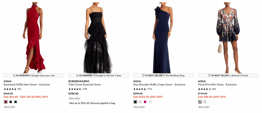 Bloomingdale’s dress listing with Taggstar messages such as In Demand, 5 bought since your visit, and #2 Best Seller in The Wedding Shop
