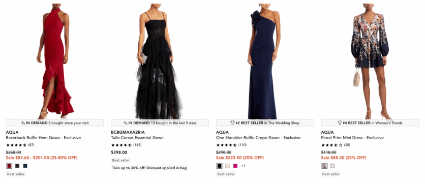 Bloomingdale’s dress listing with Taggstar messages such as In Demand, 5 bought since your visit, and #2 Best Seller in The Wedding Shop