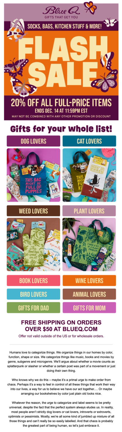 Blue Q flash sale email with category navigation and gift guide