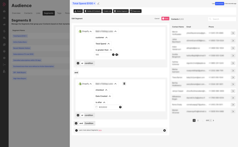 Segment builder in Sendlane combining Shopify conditions with and/or logic