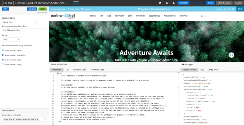 Einstein Product Recommendations template in Salesforce’s personalization product, edited in Handlebars with CSS, client-side, and server-side code tabs