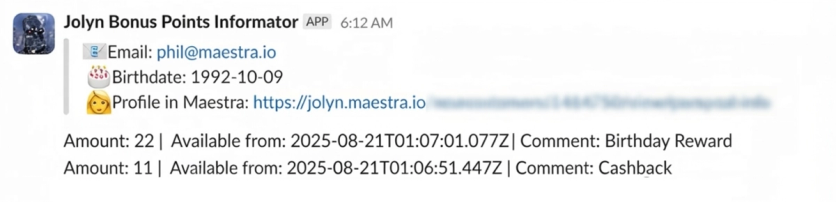 Maestra Slack bot showing a JOLYN customer's loyalty points, email, birthday, and profile link