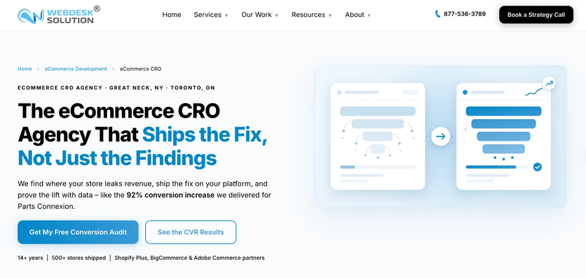 WebDesk Solution ecommerce CRO page with the headline "The eCommerce CRO Agency That Ships the Fix, Not Just the Findings"