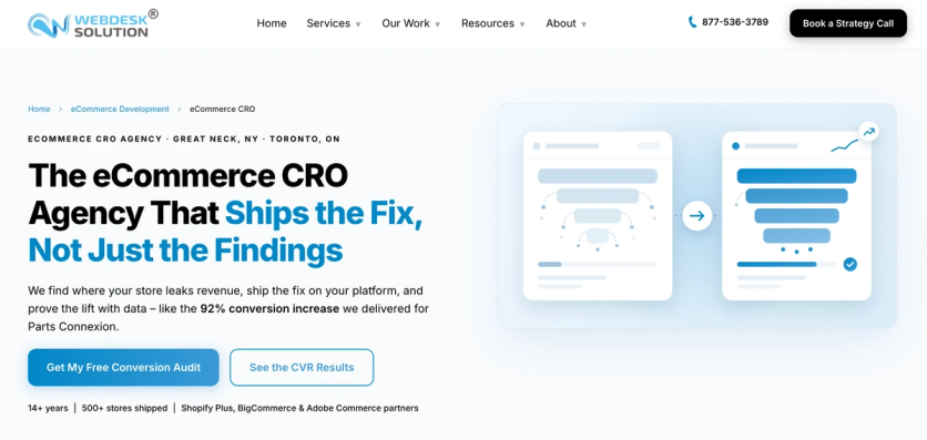 WebDesk Solution ecommerce CRO page with the headline "The eCommerce CRO Agency That Ships the Fix, Not Just the Findings"