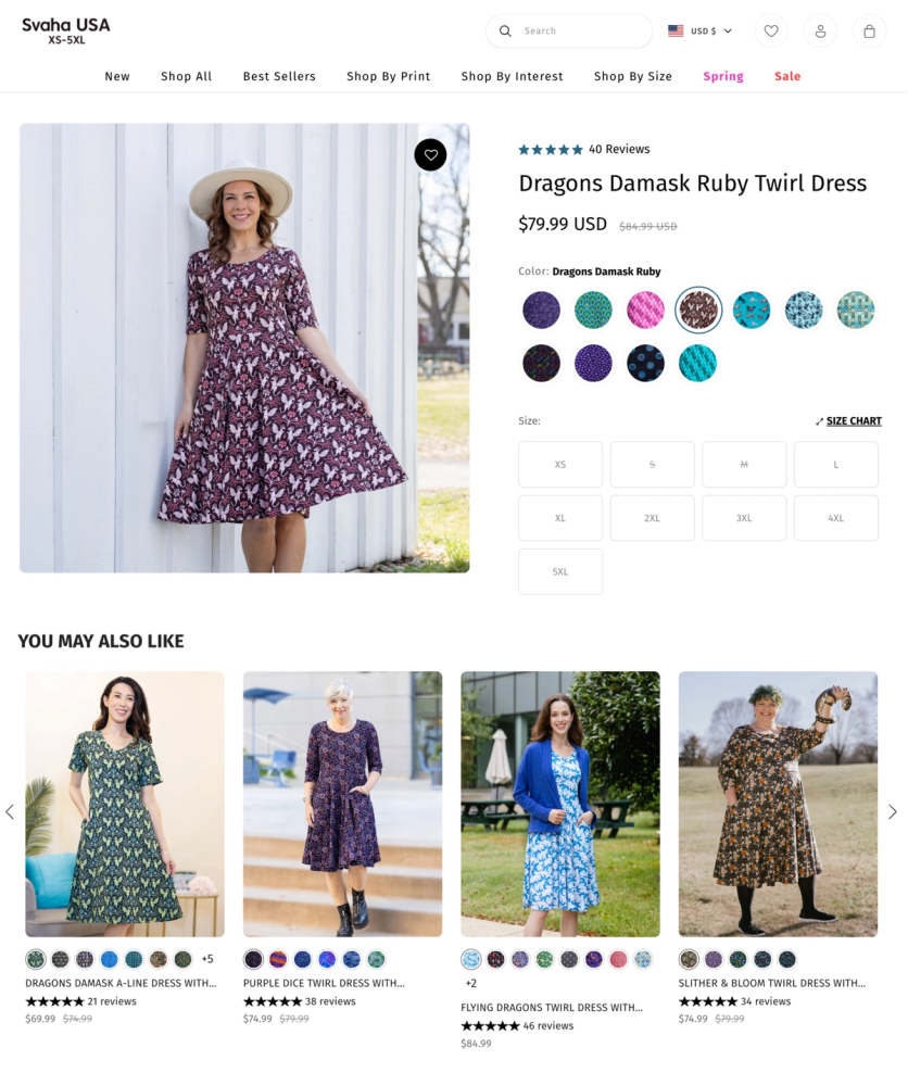 Svaha product page with variant-aware recommendations