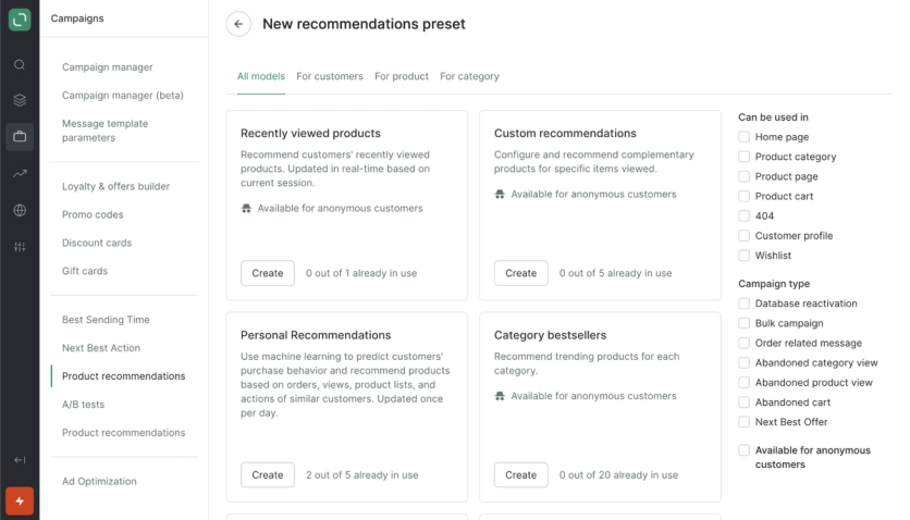 Maestra's product recommendation presets