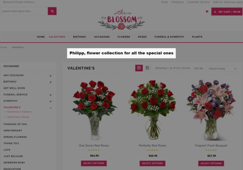 Blossom Flower catalog page addressing a returning shopper by name