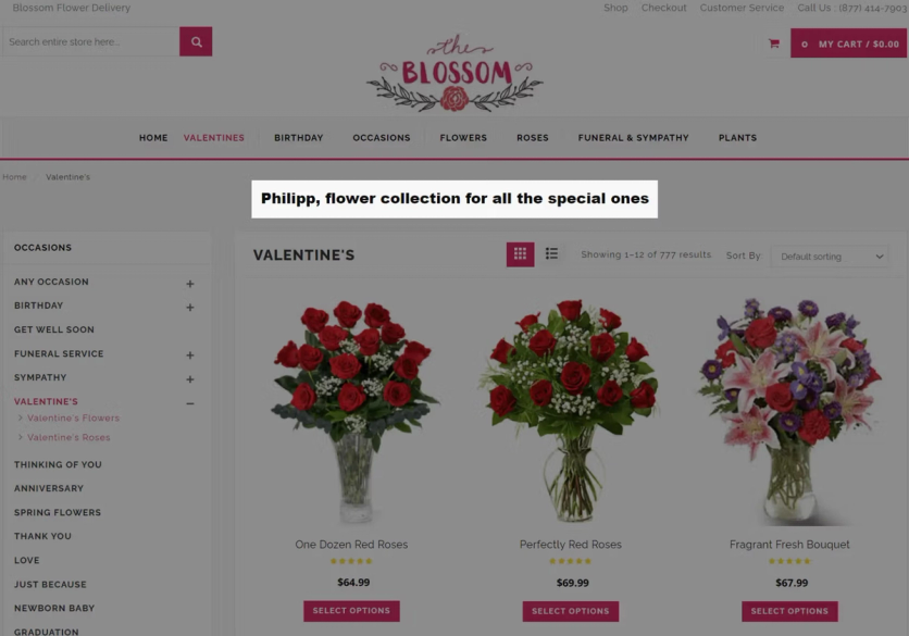 Blossom Flower catalog page addressing a returning shopper by name