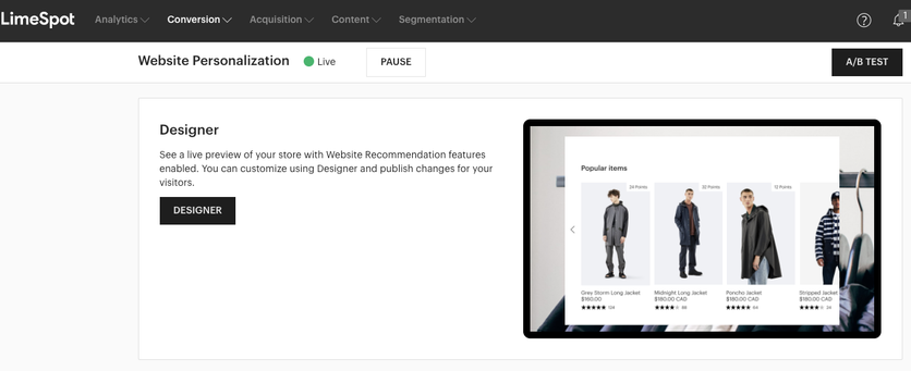 LimeSpot Website Personalization designer previewing a recommendation row on a live store