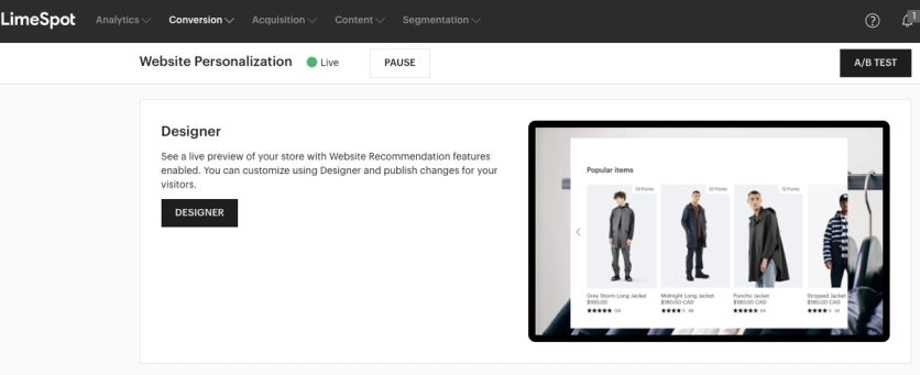 LimeSpot Website Personalization designer previewing a recommendation row on a live store