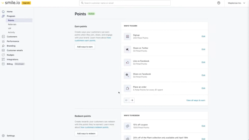 Smile.io points program settings with ways to earn and ways to redeem points