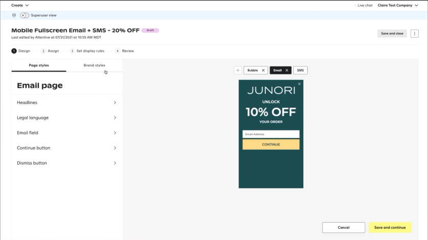 Attentive’s sign-up form builder for a Mobile Fullscreen email and SMS opt-in