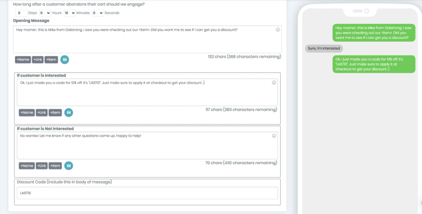 Setting up a conversational-texting abandoned-cart flow in Emotive
