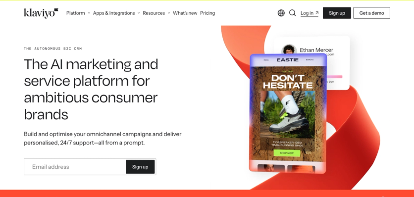Klaviyo homepage positioning it as an AI marketing and service platform for consumer brands