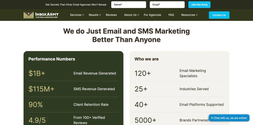 InboxArmy homepage section listing performance numbers and team facts, including support for 40+ email platforms