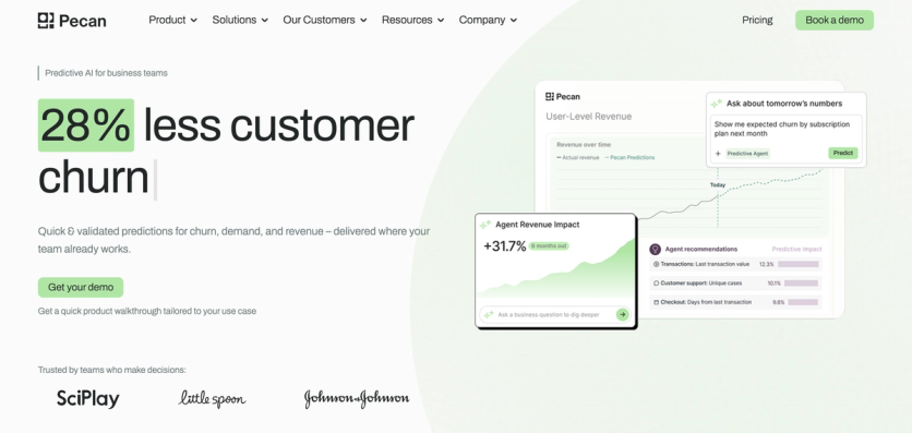 Pecan’s homepage with the headline “28% less customer churn” and its Predictive AI Agent forecasting user-level revenue