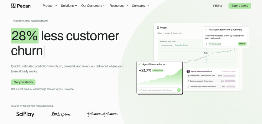 Pecan’s homepage with the headline “28% less customer churn” and its Predictive AI Agent forecasting user-level revenue