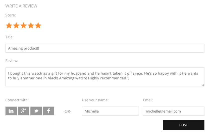 Yotpo Write a Review form with star score, title, review text, social sign-in, name, and email fields