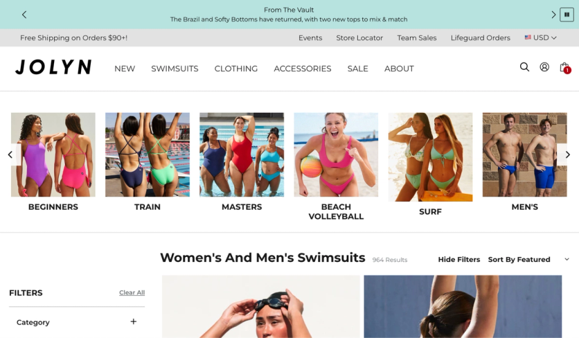 JOLYN announcement bar highlighting new arrivals and categories