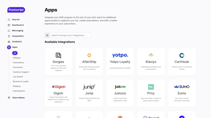 Postscript app directory showing available integrations including Gorgias, AfterShip, Yotpo Loyalty, Klaviyo, CartHook, Junip, Justuno and Privy