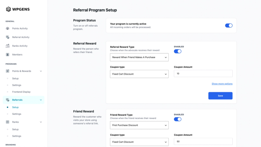 WPGens referral program setup with separate rewards for the advocate and the referred friend