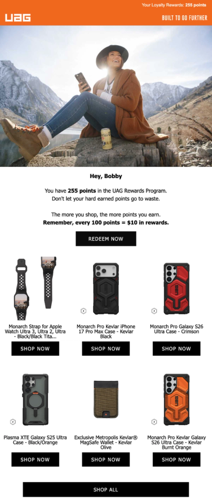 UAG redemption reminder email showing a 255-point balance and a Redeem Now button