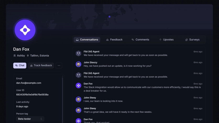 A Featurebase customer profile with tabs for conversations, feedback, comments, upvotes and surveys