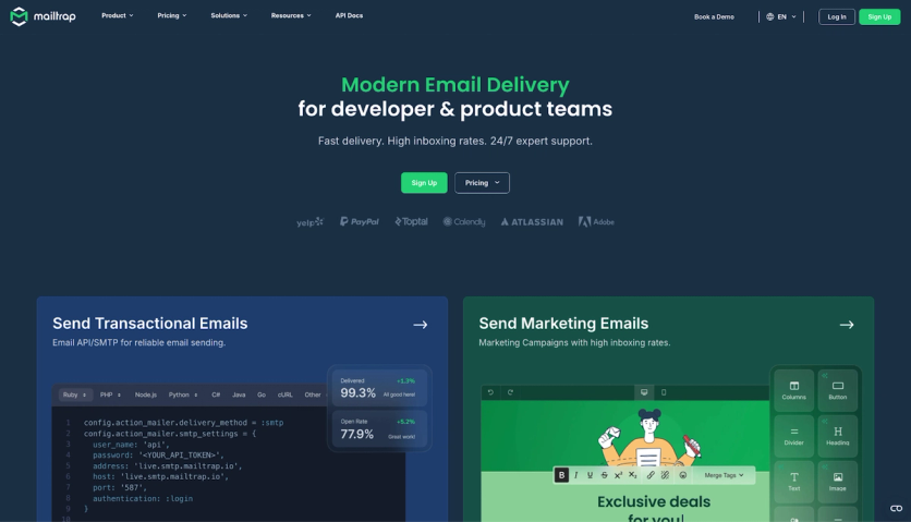 Mailtrap email delivery platform homepage