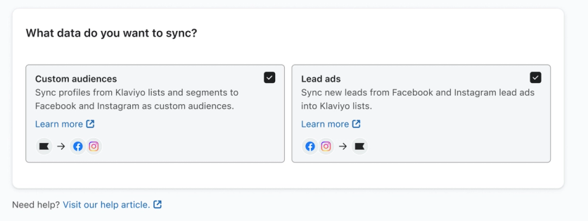 Data syncing settings in Klaviyo