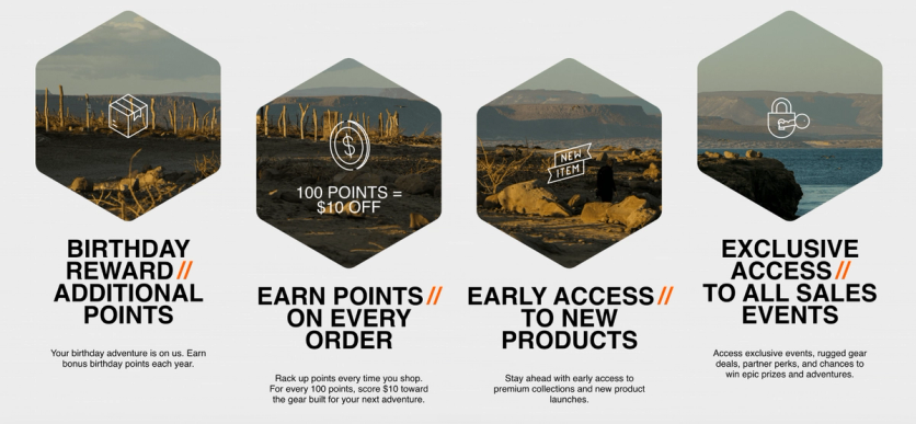 UAG loyalty program landing page showing birthday rewards, points on every order, early access, and exclusive access